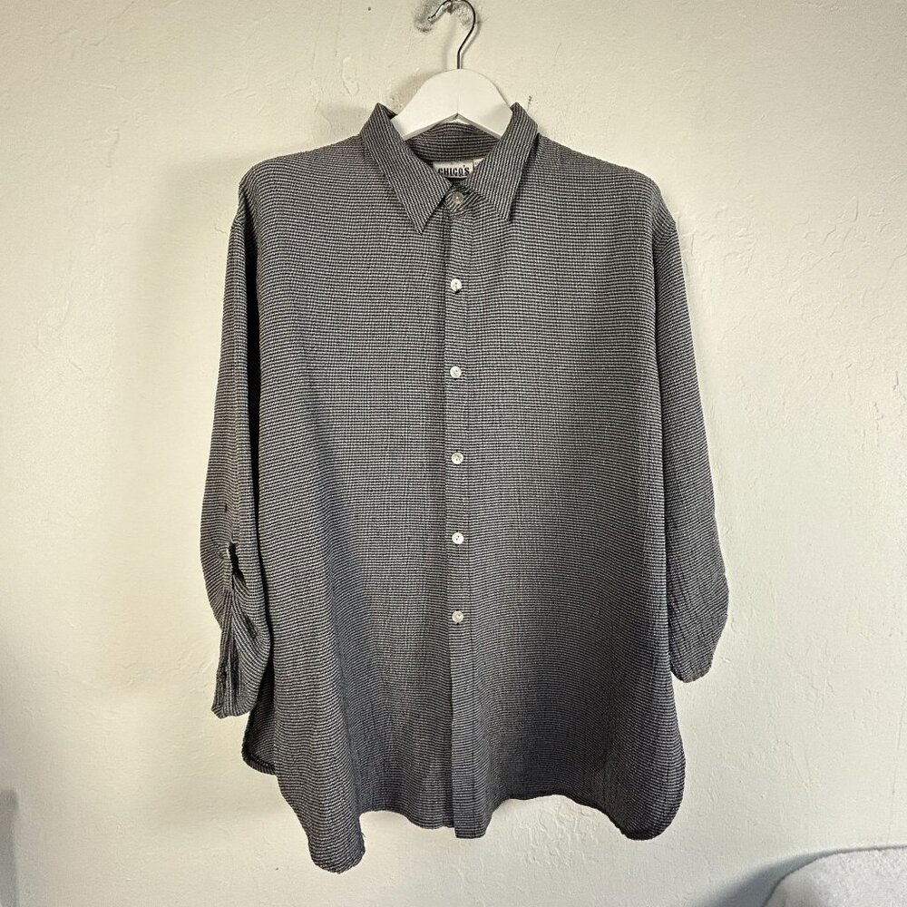 Chico's Design Womens Long-Sleeve Button-Down Shirt Size 3 Black & White Printed